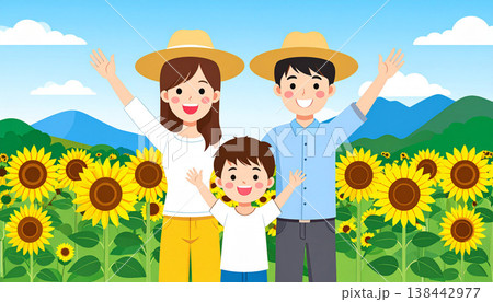 ある夏の日　家族連れでヒマワリ畑へ 138442977