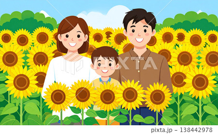 ある夏の日 家族連れでヒマワリ畑へ ある夏の日 家族連れでヒマワリ畑へ 138442978