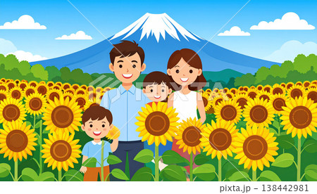 ある夏の日　家族連れでヒマワリ畑へ 138442981