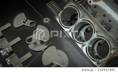 Shiny Engine Cylinder Block And Pistons Mechanical Parts 3d render. 138442995