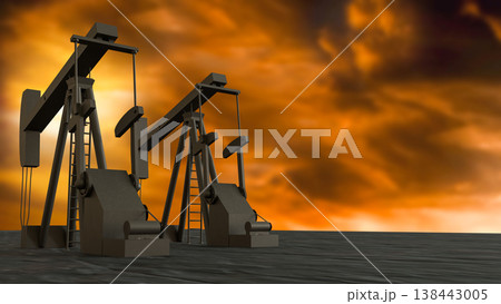 Oil Pump Jack At Sunset Petroleum Industry Energy Concept 3d render. Oil Pump Jack At Sunset Petroleum Industry Energy Concept 3d render. 138443005