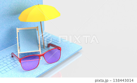 Summer Vacation Concept With Laptop Beach Scene 3d render. 138443014