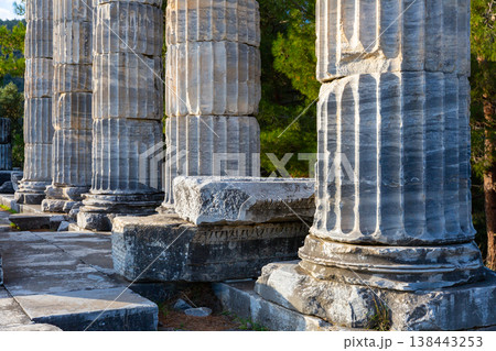 Architectural elements and parts of columns of Temple of Athena in Priene, Turkey Architectural elements and parts of columns of Temple of Athena in Priene, Turkey 138443253