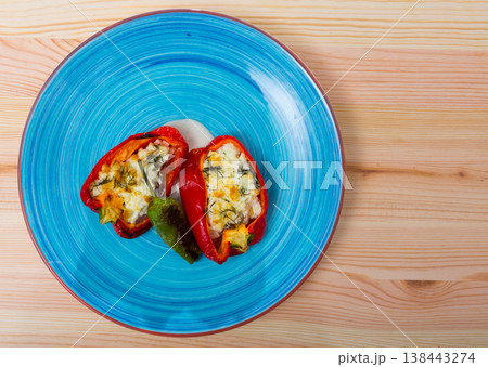 Photography of plate with pepper stuffed with brynza Photography of plate with pepper stuffed with brynza 138443274