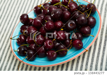 Image of fresh tasty red cherries on blue plate 138443277