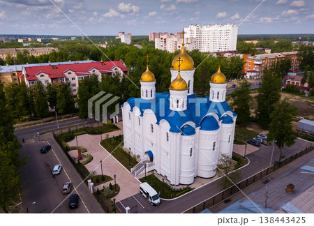 View from drone of Voskresensk with Church of Icon of Our Lady of Jerusalem 138443425