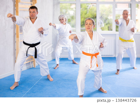 Senior students perform basic movements and repeat to hold pose, learning technique of kata 138443726