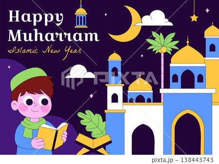Islamic New Year Vector Illustration With Mosque, Crescent, Lantern, and Muharram Celebration Night Scene, Religious Holiday Design Islamic New Year Vector Illustration With Mosque, Crescent, Lantern, and Muharram Celebration Night Scene, Religious Holiday Design 138443743