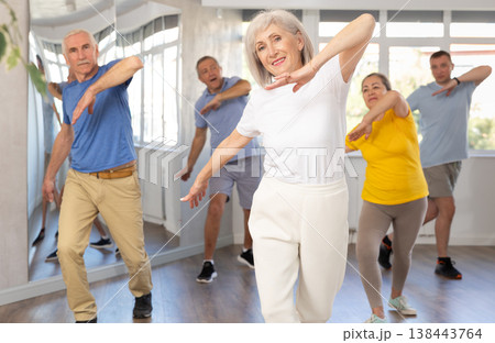 Group of aged people rehearsing sports dance in dance class 138443764