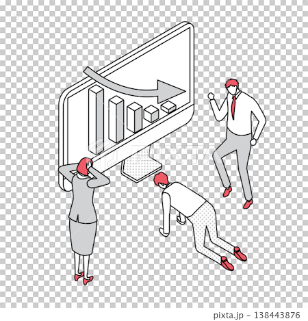 Isometric line drawing illustration of a business team bewildered by declining performance. Isometric line drawing illustration of a business team bewildered by declining performance. 138443876