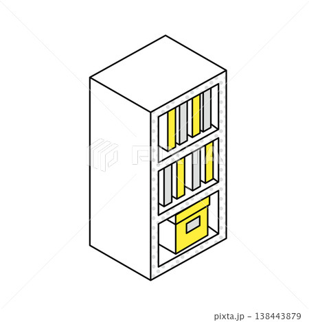 オフィスの本棚・書類キャビネットのアイソメトリック線画イラスト（黄色） 138443879