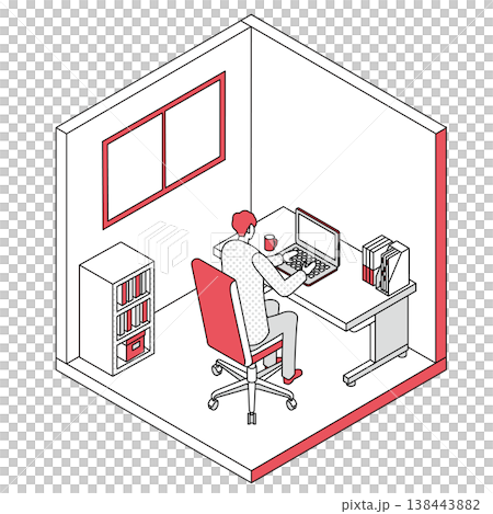 在宅ワークするビジネスパーソンのホームオフィスのアイソメトリック線画イラスト(赤) 在宅ワークするビジネスパーソンのホームオフィスのアイソメトリック線画イラスト(赤) 138443882