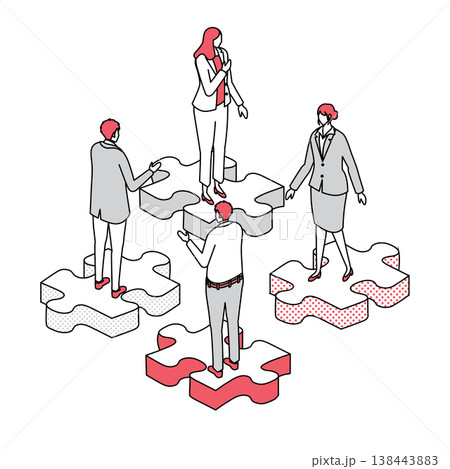 パズルピースの上に立つビジネスチームのアイソメトリック線画イラスト 138443883