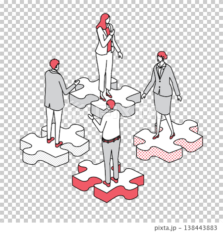 パズルピースの上に立つビジネスチームのアイソメトリック線画イラスト 138443883