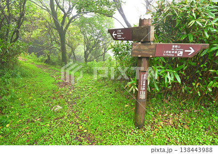 伊豆半島 伽藍山付近 西伊豆スカイラインの伊豆山稜線歩道入口 道路から山道へ 伊豆半島 伽藍山付近 西伊豆スカイラインの伊豆山稜線歩道入口 道路から山道へ 138443988