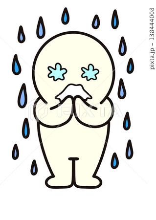 大泣き　悲しみ　口を覆う　涙　涙目　目がしょぼしょぼ　雨　涙の雨　シンプルな人物　 138444008