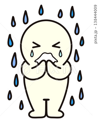 大泣き　悲しみ　口を覆う　涙　雨　雨の中　シンプルな人物　 138444009