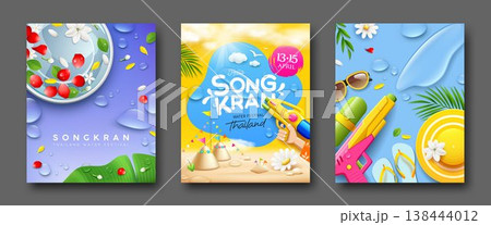 Songkran water festival in thailand, happy new year thailand, summer time, poster three design 138444012