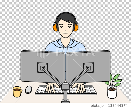 聴覚過敏のためイヤーマフを装着してPC作業に集中する男性 138444574