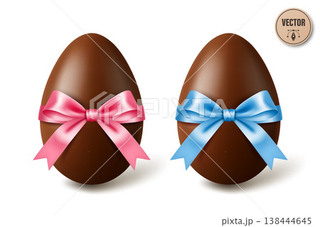 Vector 3d Chocolate Easter Eggs with Pink and Blue Satin Bows, Isolated. Sweet Holiday Gift Illustration. Festive Spring Dessert Decoration. Candy Surprise Concept Vector 3d Chocolate Easter Eggs with Pink and Blue Satin Bows, Isolated. Sweet Holiday Gift Illustration. Festive Spring Dessert Decoration. Candy Surprise Concept 138444645