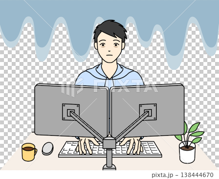 An illustration of a man with an exhausted expression after long hours of computer work. 138444670