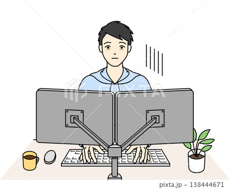 デュアルモニターでパソコン作業中に疲れ果てた男性のイラスト デュアルモニターでパソコン作業中に疲れ果てた男性のイラスト 138444671
