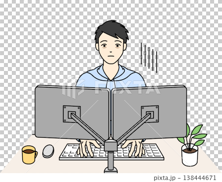 An illustration of a man exhausted from working on his computer with dual monitors. 138444671