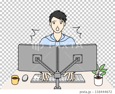 An illustration of a man surprised by dual-monitor computer work. 138444672