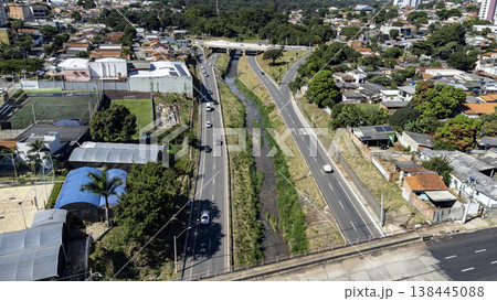Aerial view of Marginal Botafogo expressway and canal in Goiania Aerial view of Marginal Botafogo expressway and canal in Goiania 138445088