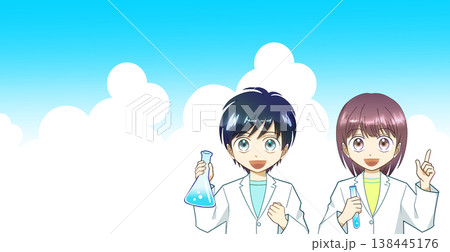 白衣を着て笑顔で実験する男の子と女の子のアニメ風イラスト、左に余白 138445176