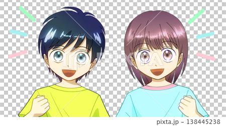 Anime-style illustration of a boy and girl wearing summer clothes and smiling while making a fist pump, white background 138445238