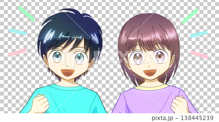 Anime-style illustration of a boy and girl wearing summer clothes and smiling while making a fist pump, white background Anime-style illustration of a boy and girl wearing summer clothes and smiling while making a fist pump, white background 138445239