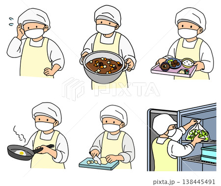 給食調理スタッフのイラストセット（仕込み・調理・配膳・保存・6ポーズ） 138445491