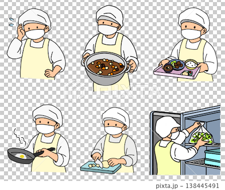 給食調理スタッフのイラストセット（仕込み・調理・配膳・保存・6ポーズ） 138445491