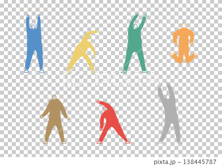 A set of hand-drawn, colorful illustrations of a person stretching and extending their body. A set of hand-drawn, colorful illustrations of a person stretching and extending their body. 138445787