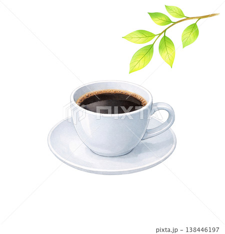 コーヒーと新緑の葉 水彩イラスト ナチュラルでやさしいカフェ素材 シンプルな手描き風デザイン 138446197