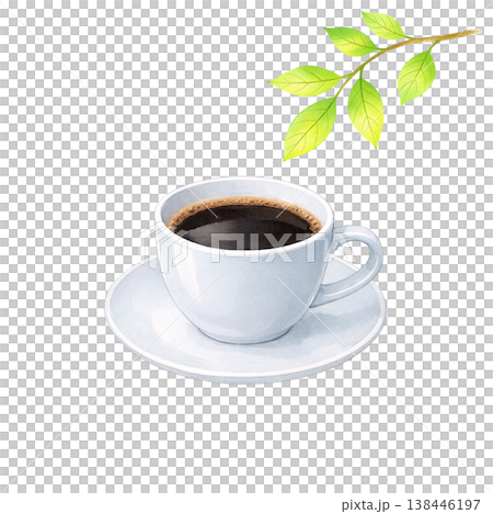 コーヒーと新緑の葉 水彩イラスト ナチュラルでやさしいカフェ素材 シンプルな手描き風デザイン 138446197