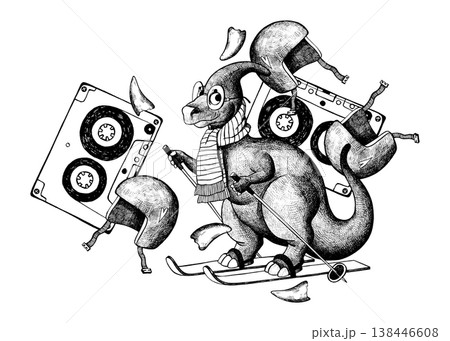 Graphic composition featuring a dinosaur on skis 138446608