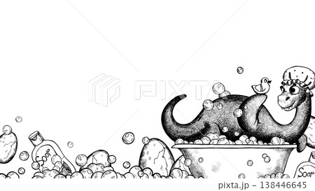 A frame featuring a cheerful dinosaur taking a bubble bath with a duckling A frame featuring a cheerful dinosaur taking a bubble bath with a duckling 138446645