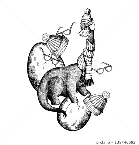 A cute diplodocus dinosaur wearing a knitted hat with a pom-pom and scarf 138446692