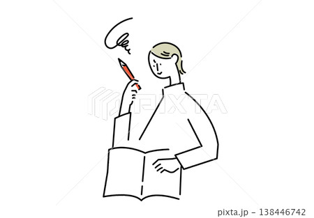 ノートを前にアイデアを練る女性の線画イラスト 138446742