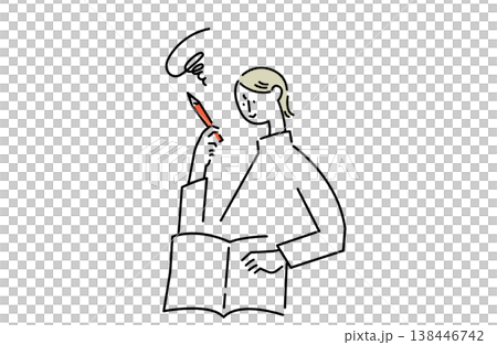 一幅線條畫插圖,描繪了一位女士在筆記本前集思廣益。 一幅線條畫插圖,描繪了一位女士在筆記本前集思廣益。 138446742