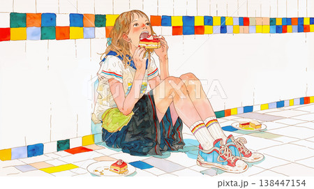 地べたに座りケーキを食べる少女 138447154