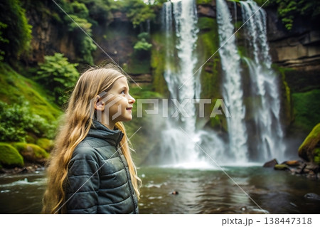 Child in Nature Near Majestic Waterfall Surrounded by Lush Greenery and Misty Vibes 138447318