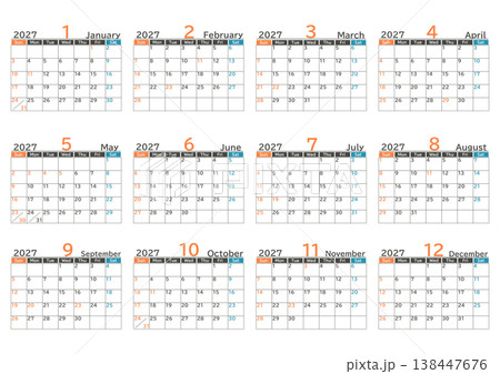 日本の祝日対応日曜始まりのシンプルデザインの2027年のマンスリーカレンダーの素材セット 日本の祝日対応日曜始まりのシンプルデザインの2027年のマンスリーカレンダーの素材セット 138447676