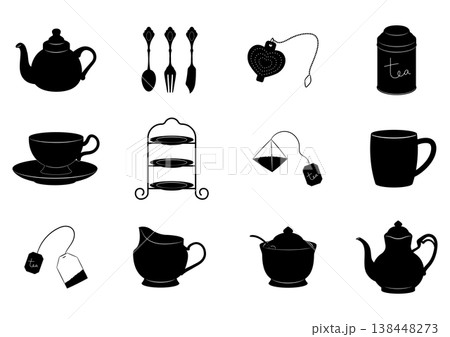 シンプルな紅茶関連用品のセット　モノクローム 138448273