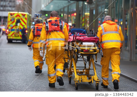 A team of paramedics transports a stretcher, highlighting their vital role in emergency medical response and patient care within the urban environment 138448342