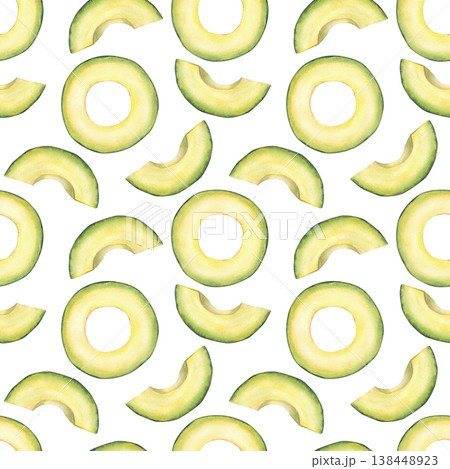 Watercolor Avocado cut fruit, circles and slices pieces seamless pattern. Superfood pulp fabric design isolated on white background. Chopped avocado vegetable kitchen wallpaper hand drawn illustration Watercolor Avocado cut fruit, circles and slices pieces seamless pattern. Superfood pulp fabric design isolated on white background. Chopped avocado vegetable kitchen wallpaper hand drawn illustration 138448923