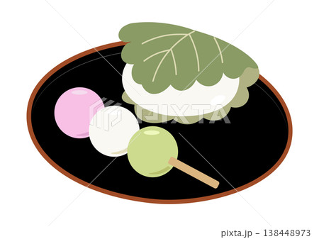 日本の春の和菓子 柏餅と三色団子 皿盛り ベクターイラスト 138448973