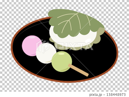 日本の春の和菓子 柏餅と三色団子 皿盛り ベクターイラスト 138448973